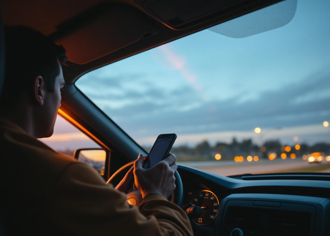 Driver checking GPS at dusk